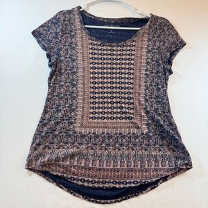 Lucky Brand Womens Navy Mauve Geometric Tile Print Scoop Neck Top Size Medium